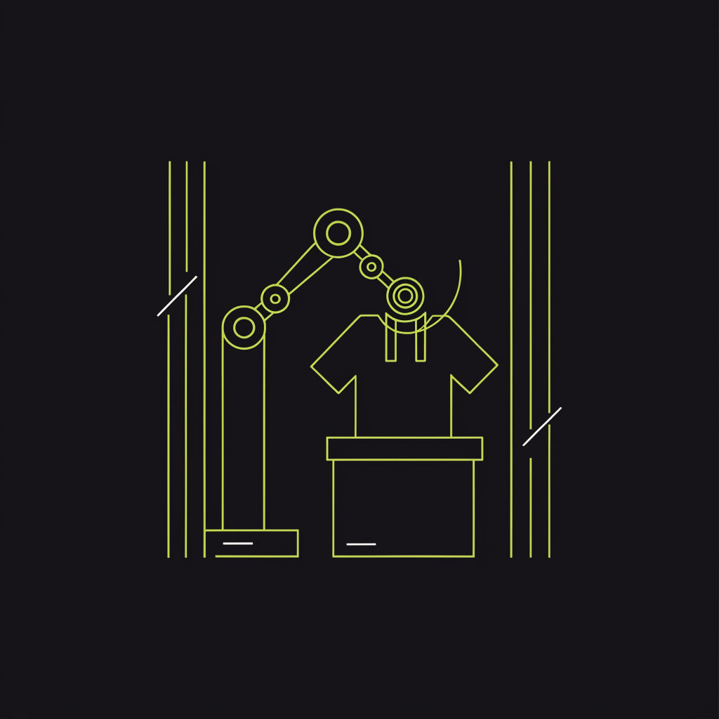 A robotic arm printing and boxing a shirt behind a curtain